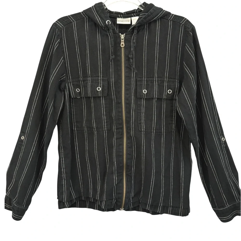 Chico's Jacket Women Size 1 (Medium) Striped Hooded‎ Full Zip Linen Cotton Blend